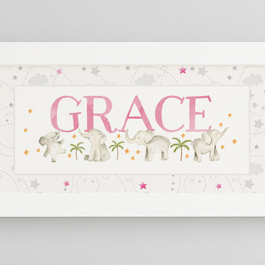 Baby Elephants Name Frame in Pink & Blue