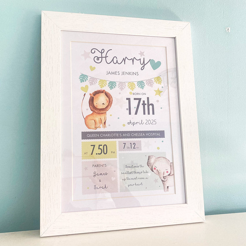 Jungle Birth Details Framed Print, Baby Birth Print