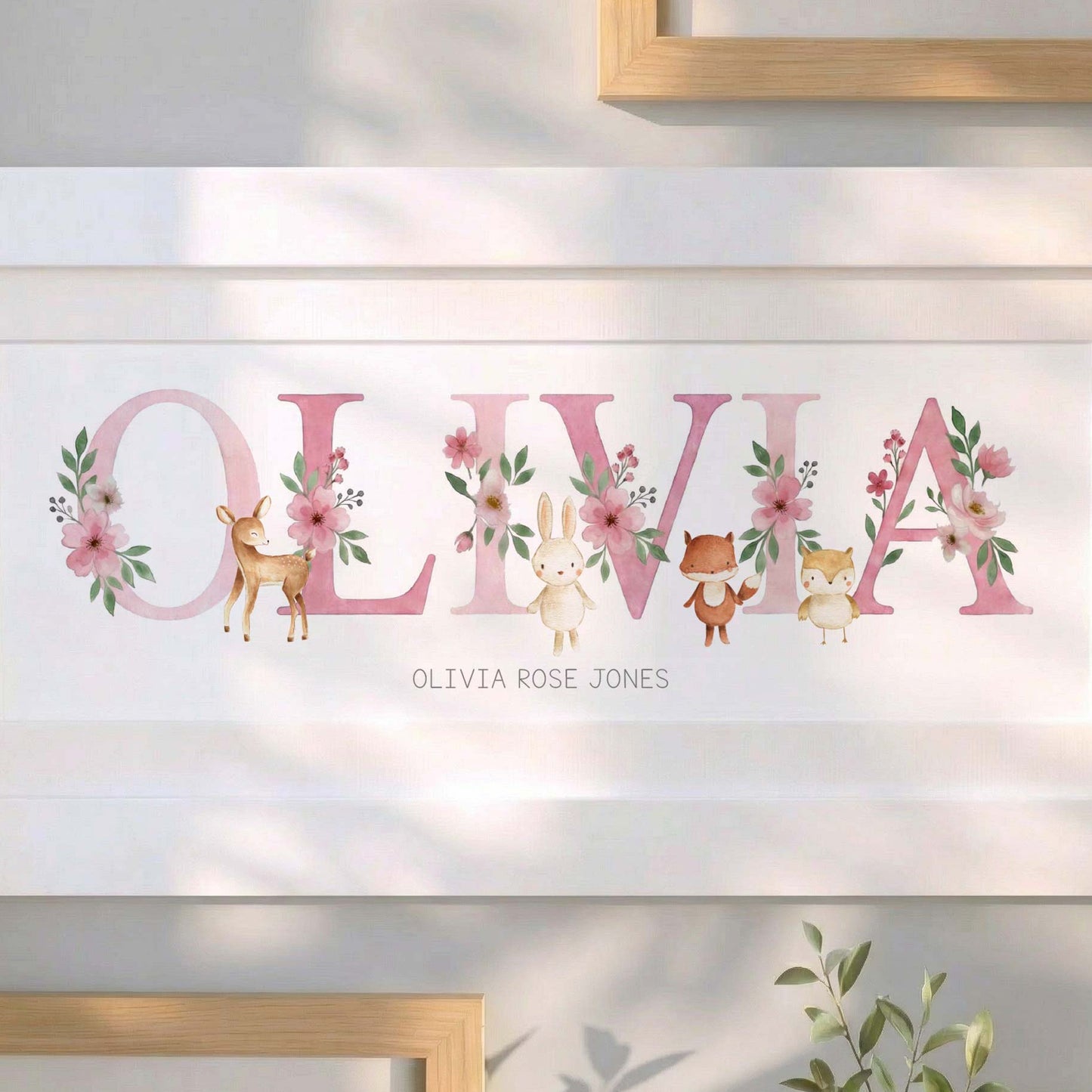 Framed Personalised Girls Name Frame – Pink Woodland Animals Nursery Wall Art – Baby Girl Name Gift