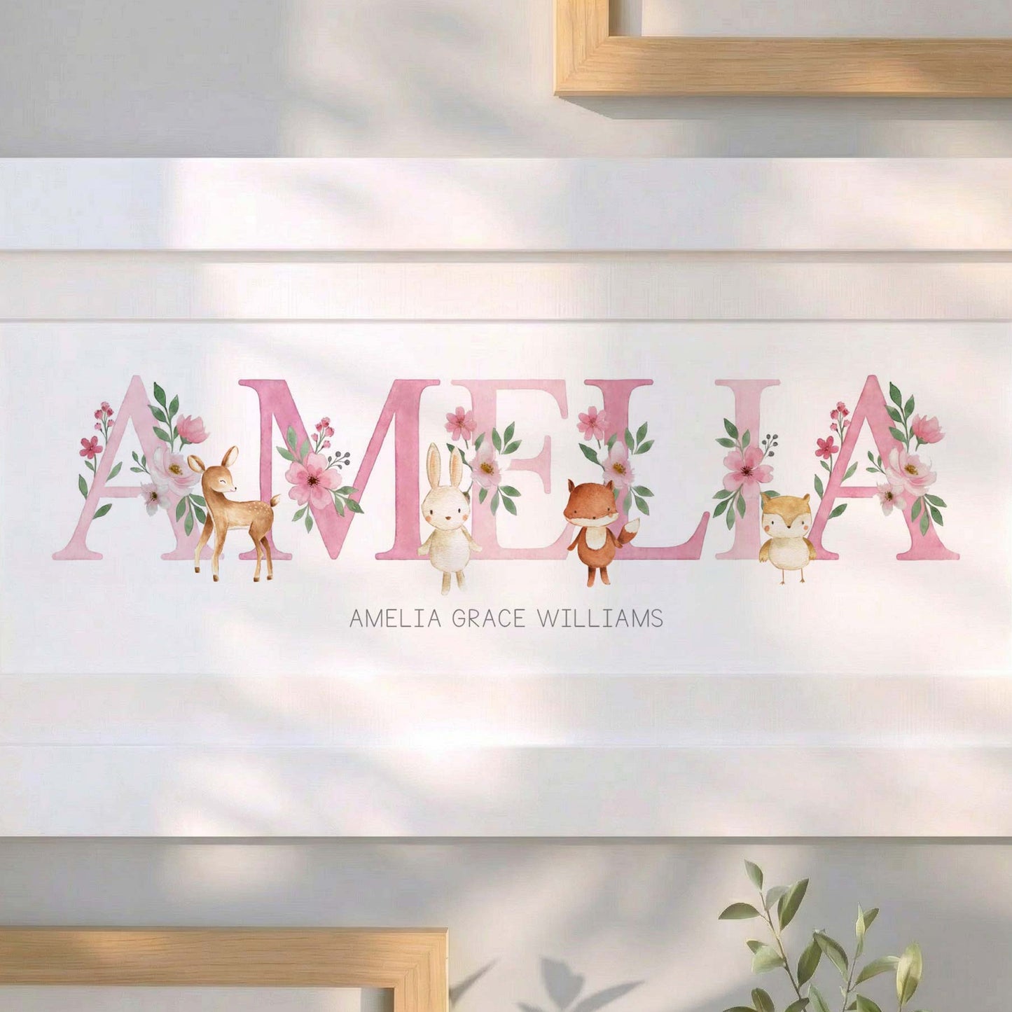 Framed Personalised Girls Name Frame – Pink Woodland Animals Nursery Wall Art – Baby Girl Name Gift