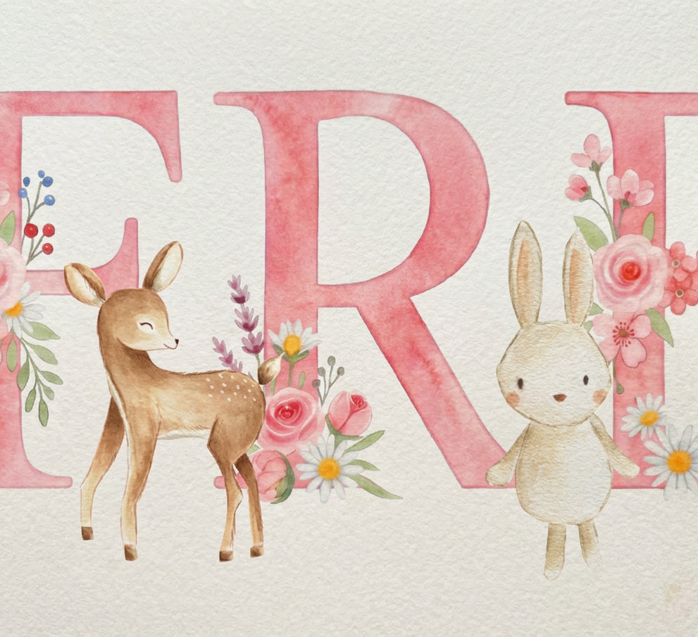 Framed Personalised Girls Name Frame – Pink Woodland Animals Nursery Wall Art – Baby Girl Name Gift