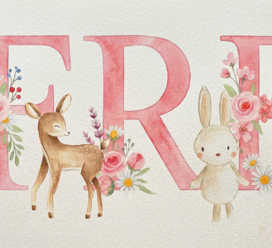 Framed Personalised Girls Name Frame – Pink Woodland Animals Nursery Wall Art – Baby Girl Name Gift