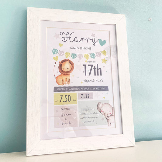Jungle Birth Details Framed Print, Baby Birth Print
